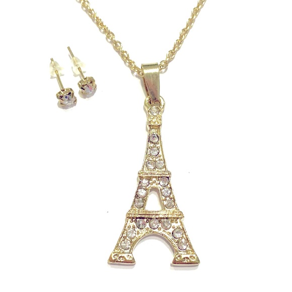 Eiffel Tower Necklace Earrings Set Gold Tone Rhinestones - Picture 1 of 4